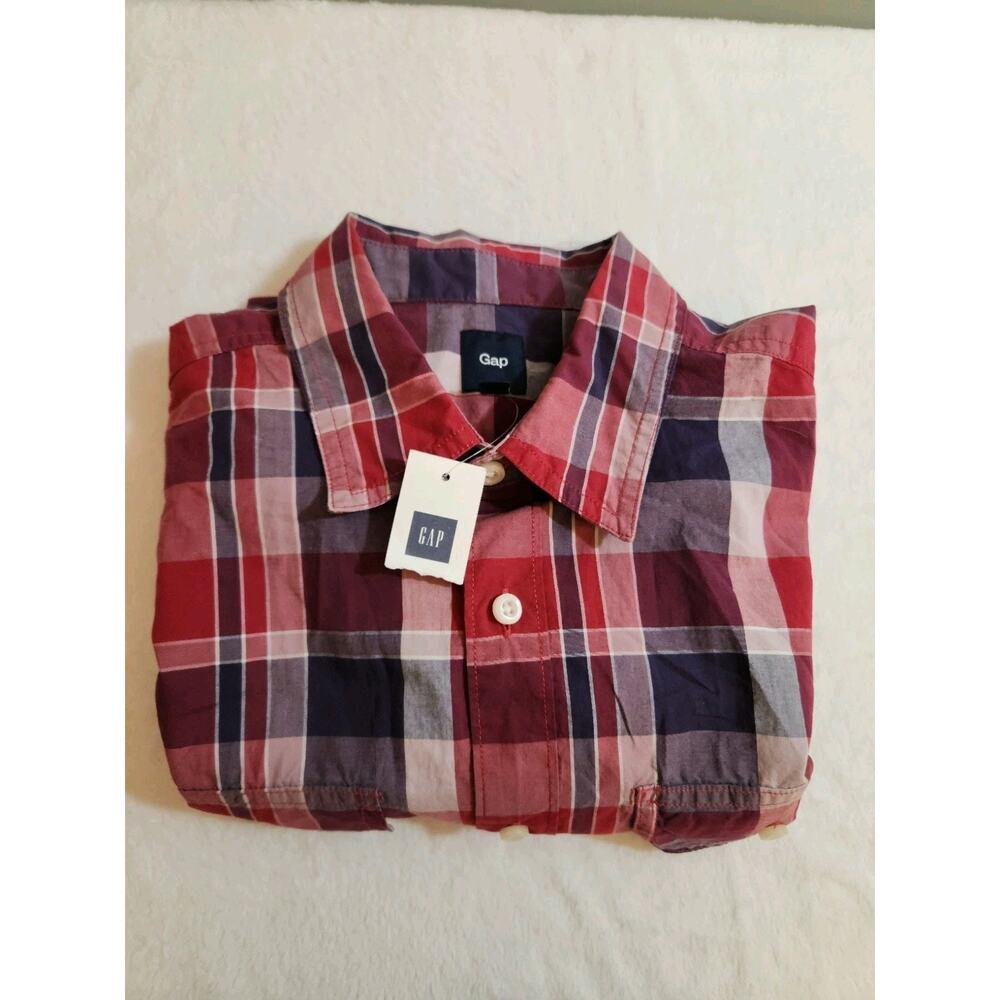Gap NWT Shirt Mens Medium Red Blue Plaid Short Sleeve Madras Preppy Classic